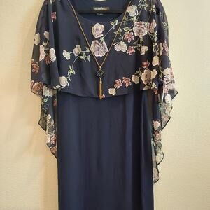 GlamourNights NavyFloral SheathDress GauzyOverlay W/Gold Tassle Necklace sz8 NWT